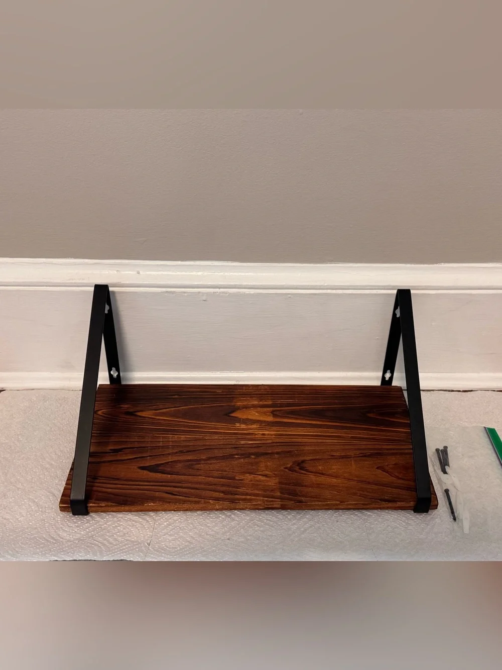 Rustic Dark Wood Floating Shelf with Black Brackets